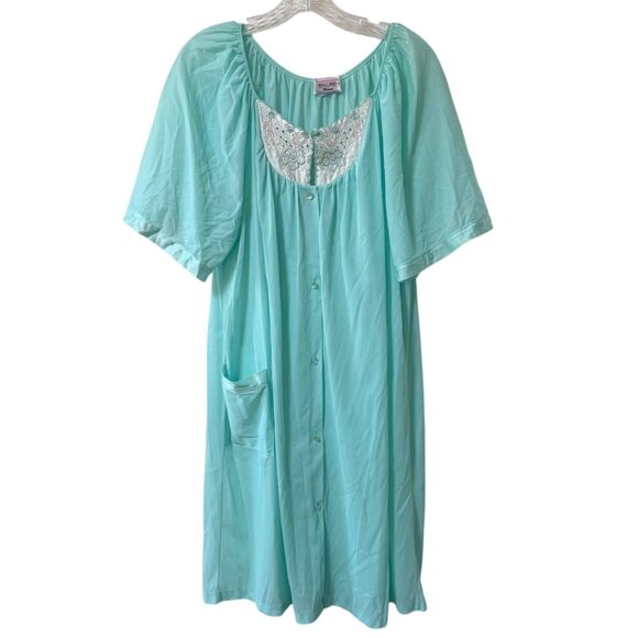 Kelly Reed Aqua Nylon Nightgown VTG Plus Sz 1X Lace Embroidered Button Retro USA - Picture 1 of 12